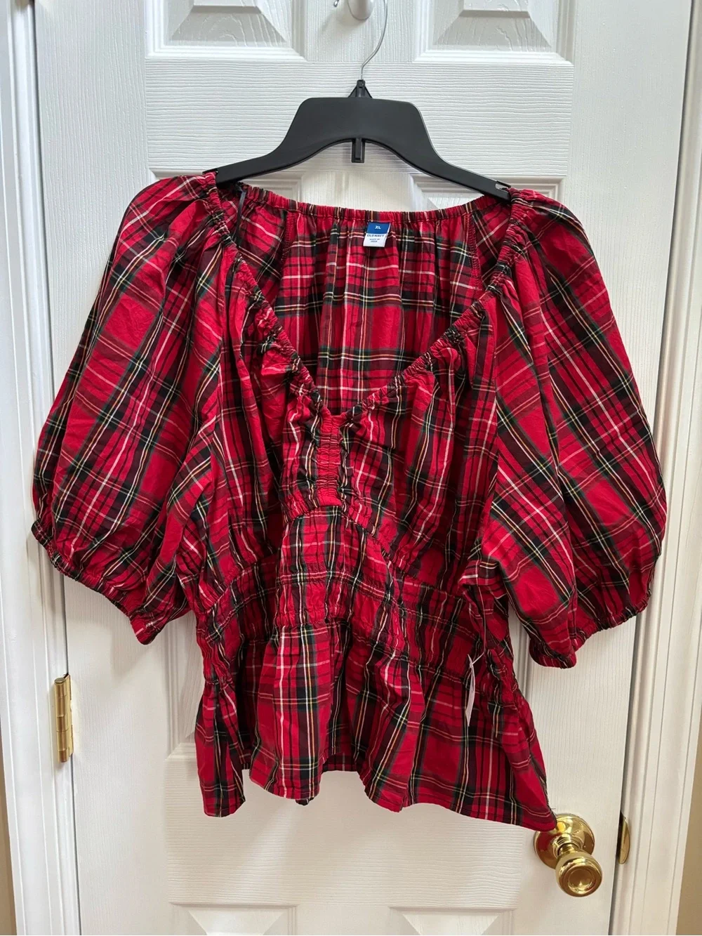 Old Navy Red Plaid Smocked Peplum Blouse, Size XL, NWT
